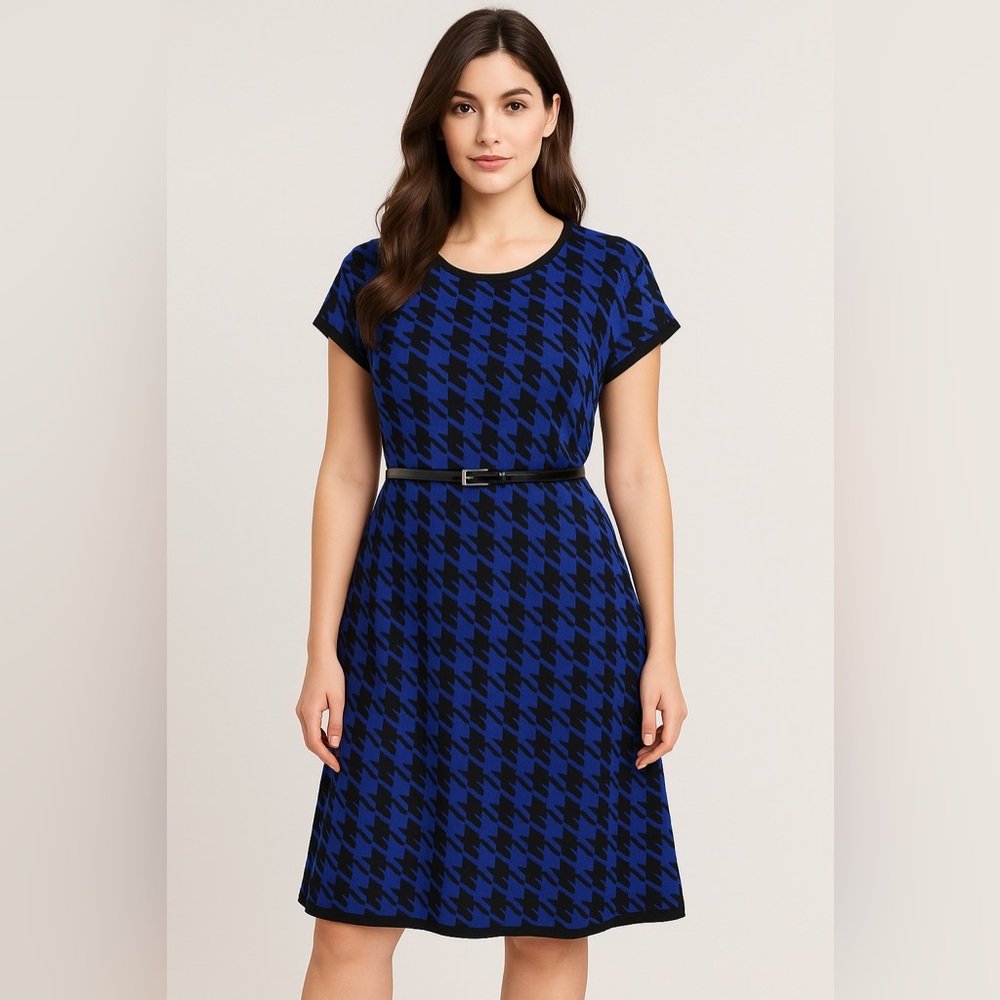 Lane Bryant Blue Black Houndstooth Shift Knit Dress Belted Women 18/20 Career